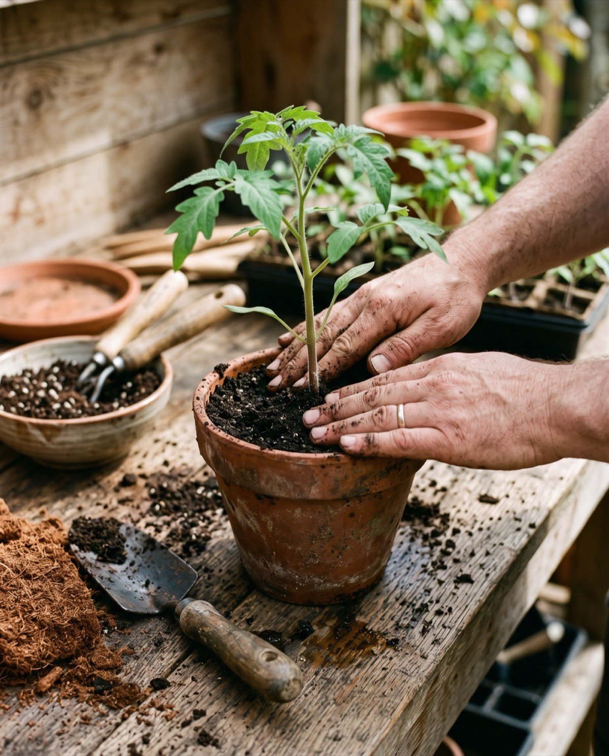 Hands firming soil around a young plant in a terracotta pot
