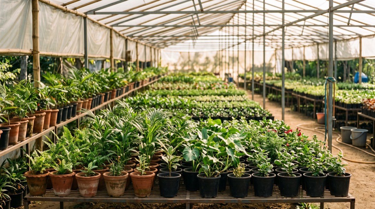 Long rows of potted plants inside the Mangi Greens polyhouse near Pokaran