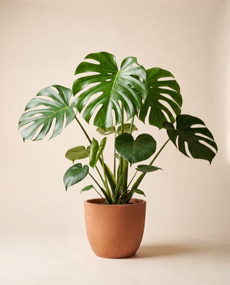 A large healthy Monstera Deliciosa in a terracotta pot, grown at the Mangi Greens nursery